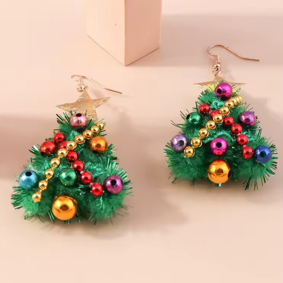 Whimsical Green Pom Pom Christmas Tree Drop Earrings - Picture 7 of 12